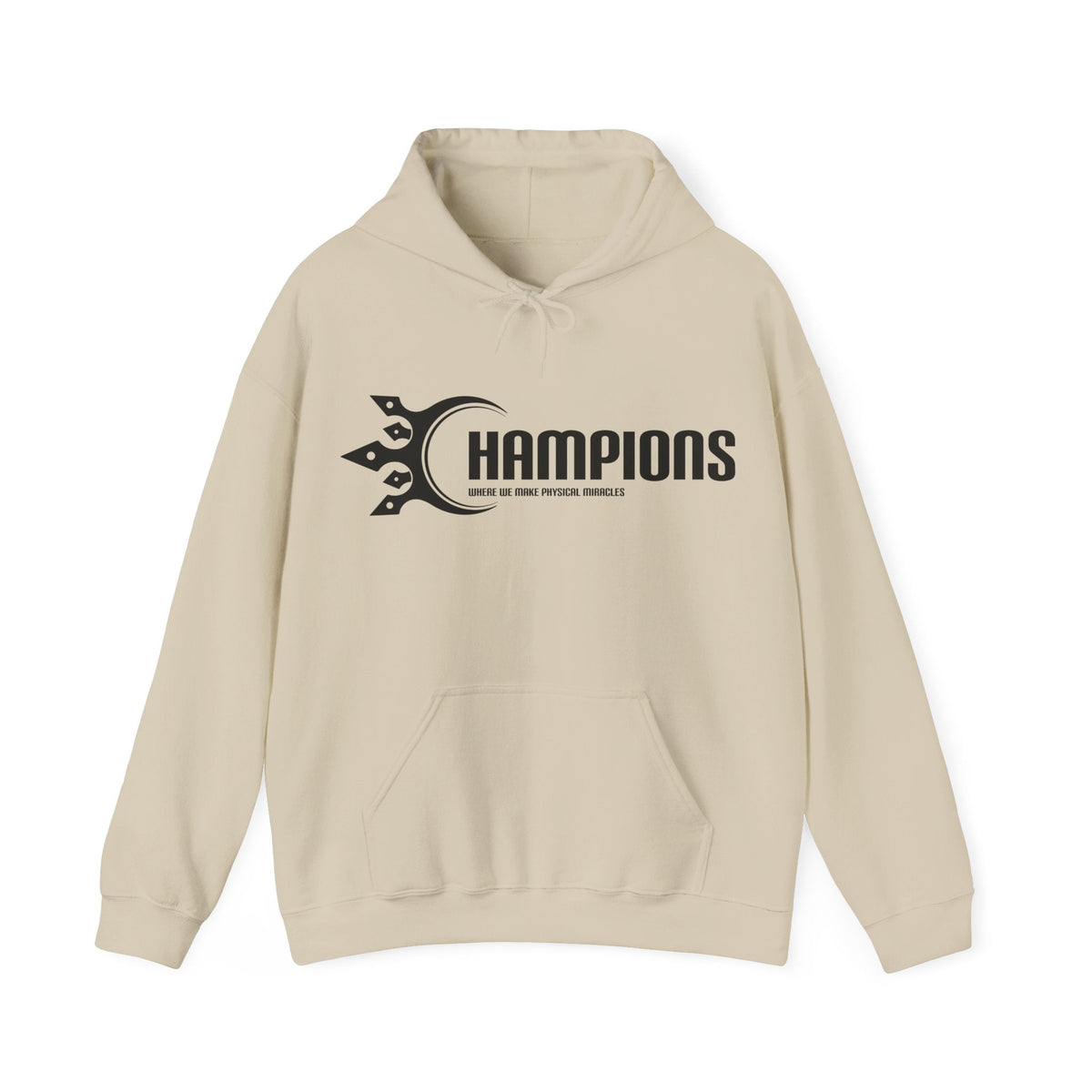 Champions brand hoodie front view - fitness apparel with iconic Champions logo