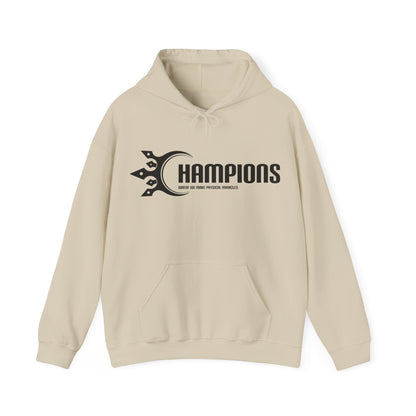Champions brand hoodie front view - fitness apparel with iconic Champions logo